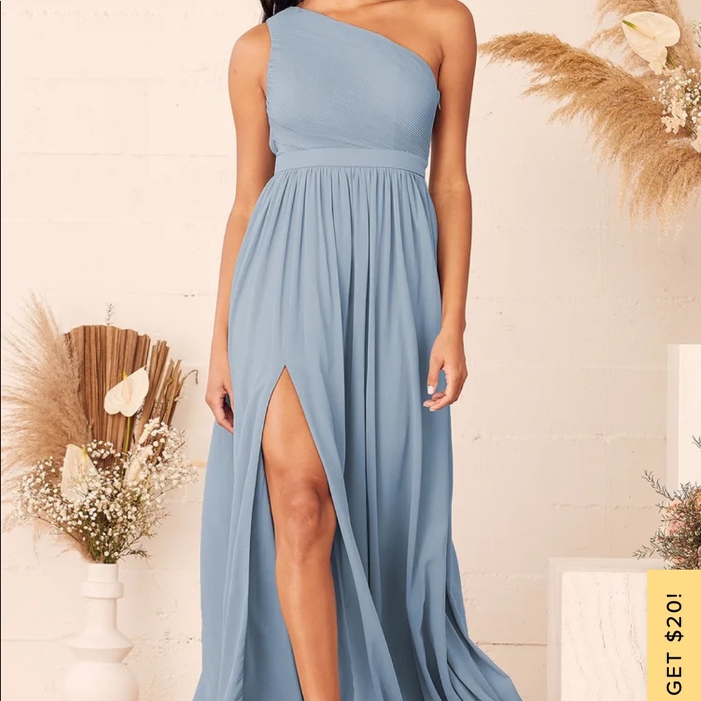 Lulus Lovely Endings Dusty Blue One Shoulder Pleated Maxi Dress